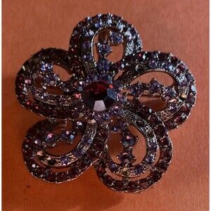 Women’s Brooch Pendant Flower Silver Tone Amethyst Rhinestones 2” Vintage